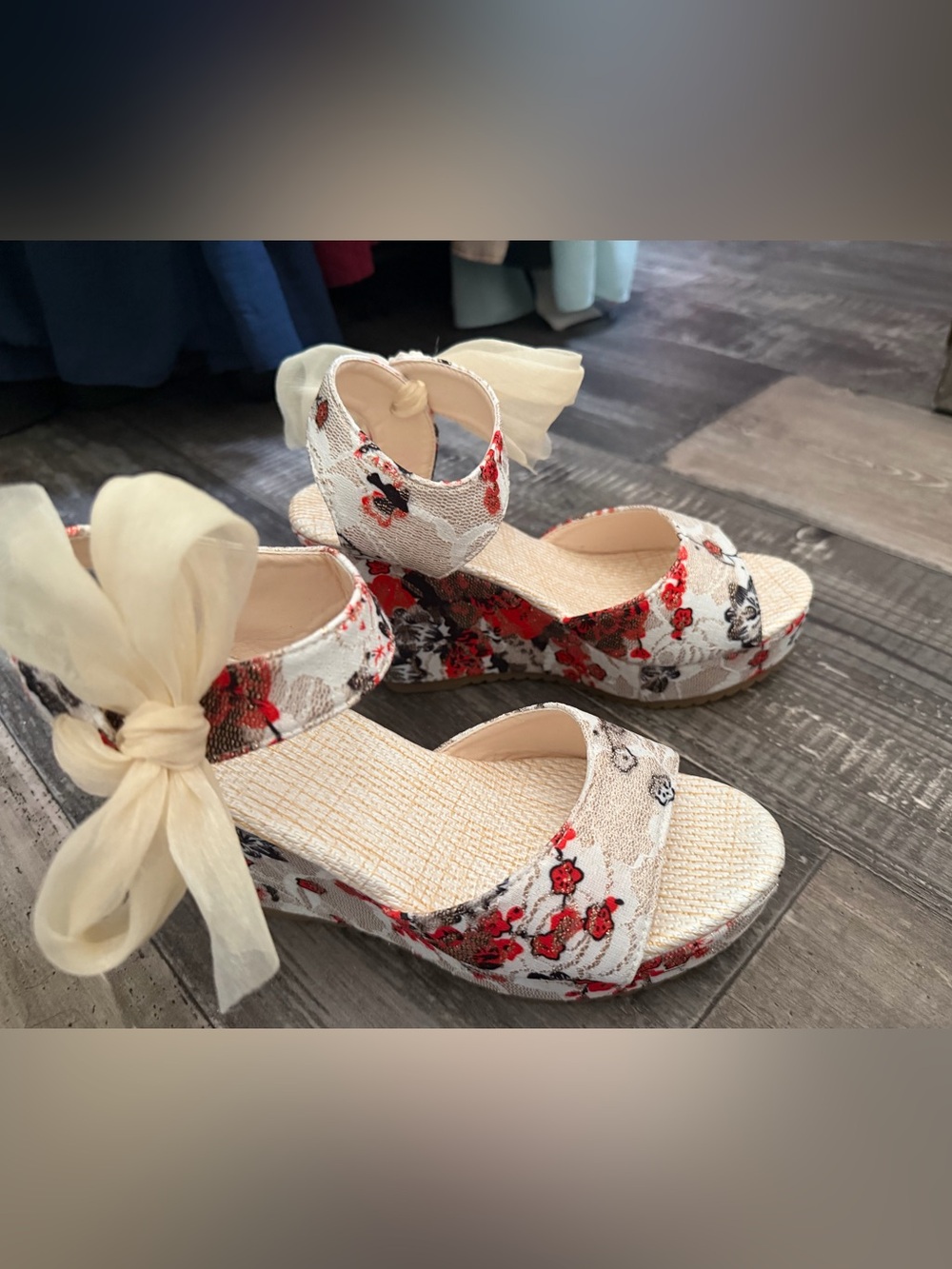 Floral Espadrille Wedge Sandals with Ivory Bow - Women